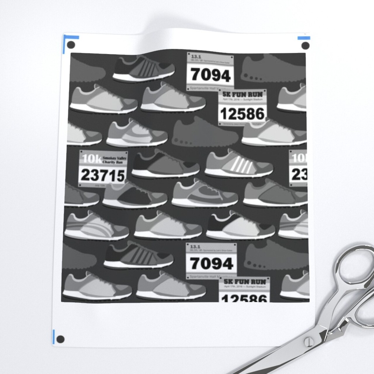 Running Shoes & Race Bibs Grayscale Marathon Fitness Exercise Run Sneakers Custom Printed Fabric by Spoonflower Various Fabrics by the Yard or Fat Quarter
